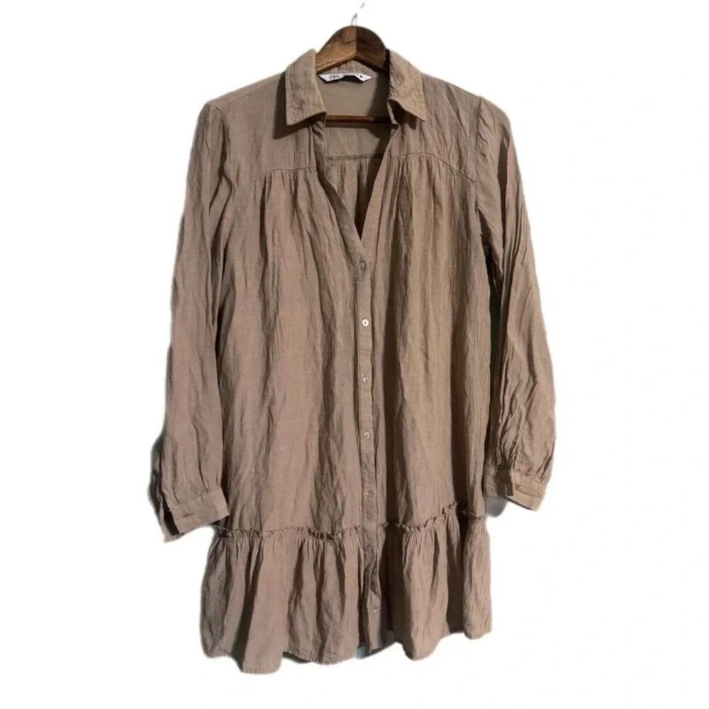 Zara Shirt Dress Medium‎ Tan Beige Ruffle Hem Textured Mini